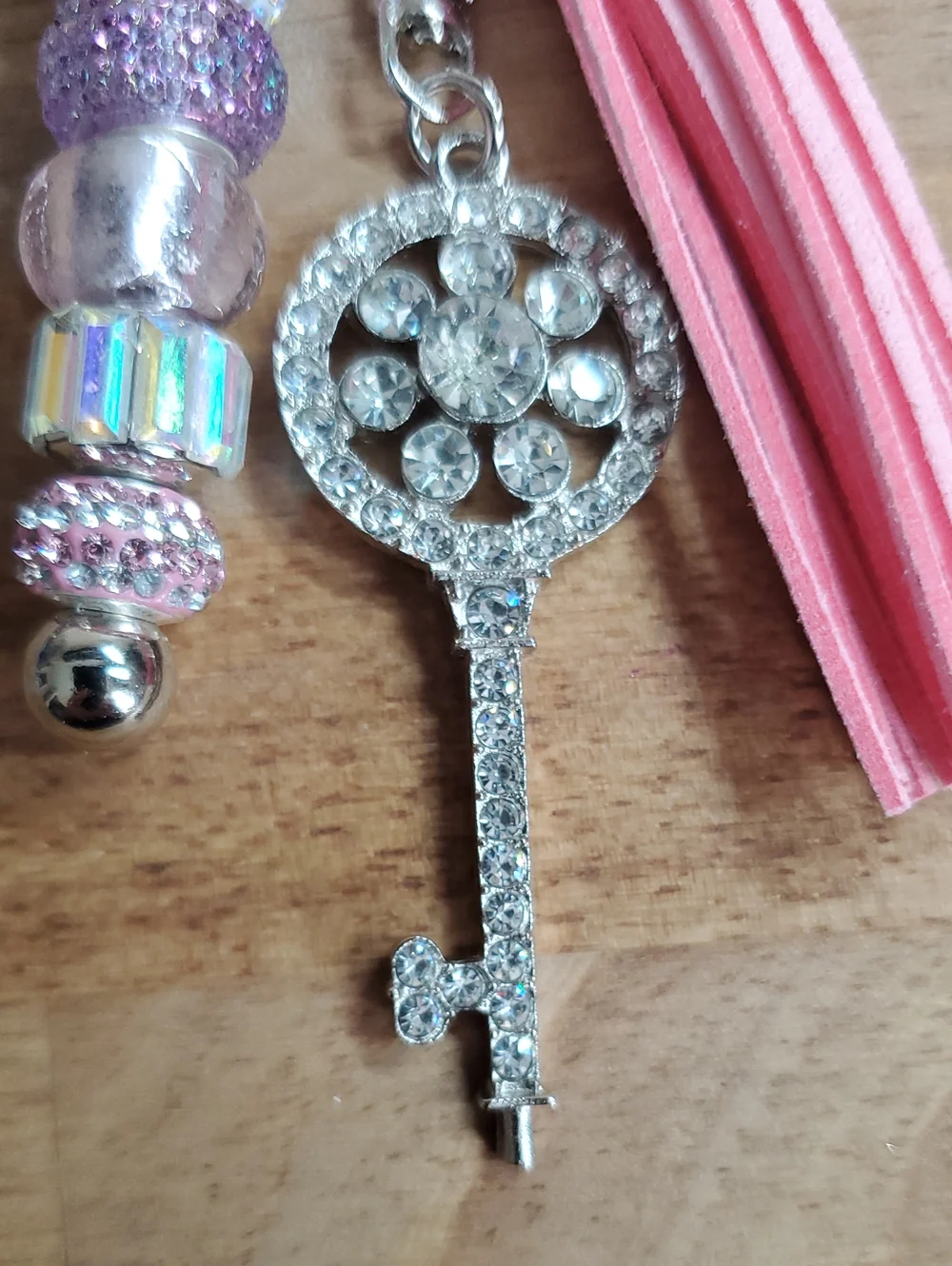 Elegant Pink and Purple Beaded Keychain with Crystal Key Charm